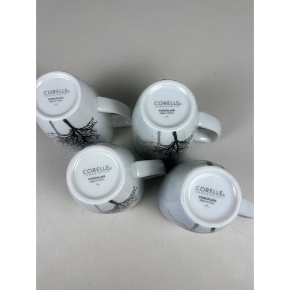 Corelle Coordinates TIMBER SHADOWS Porcelain Tree Coffee Tea Mugs White Set of 4 - Picture 9 of 12